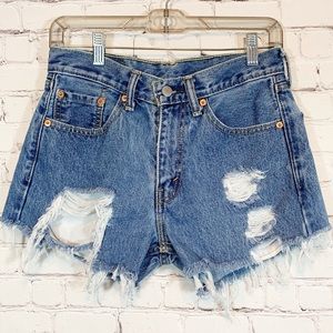 Levi 505 Hi Rise Distressed front pocket shorts